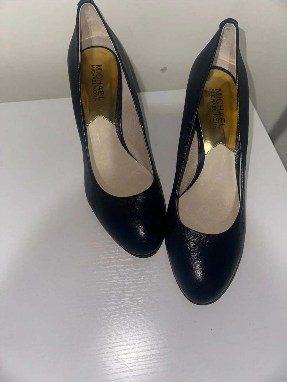 Michael Kors Navy Leather Pointed-Toe Pumps with Gold MK Accent